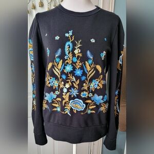 DREW Anthropologie Boho Floral Embroidered Sweatshirt Womens S Black Blue Whimsi